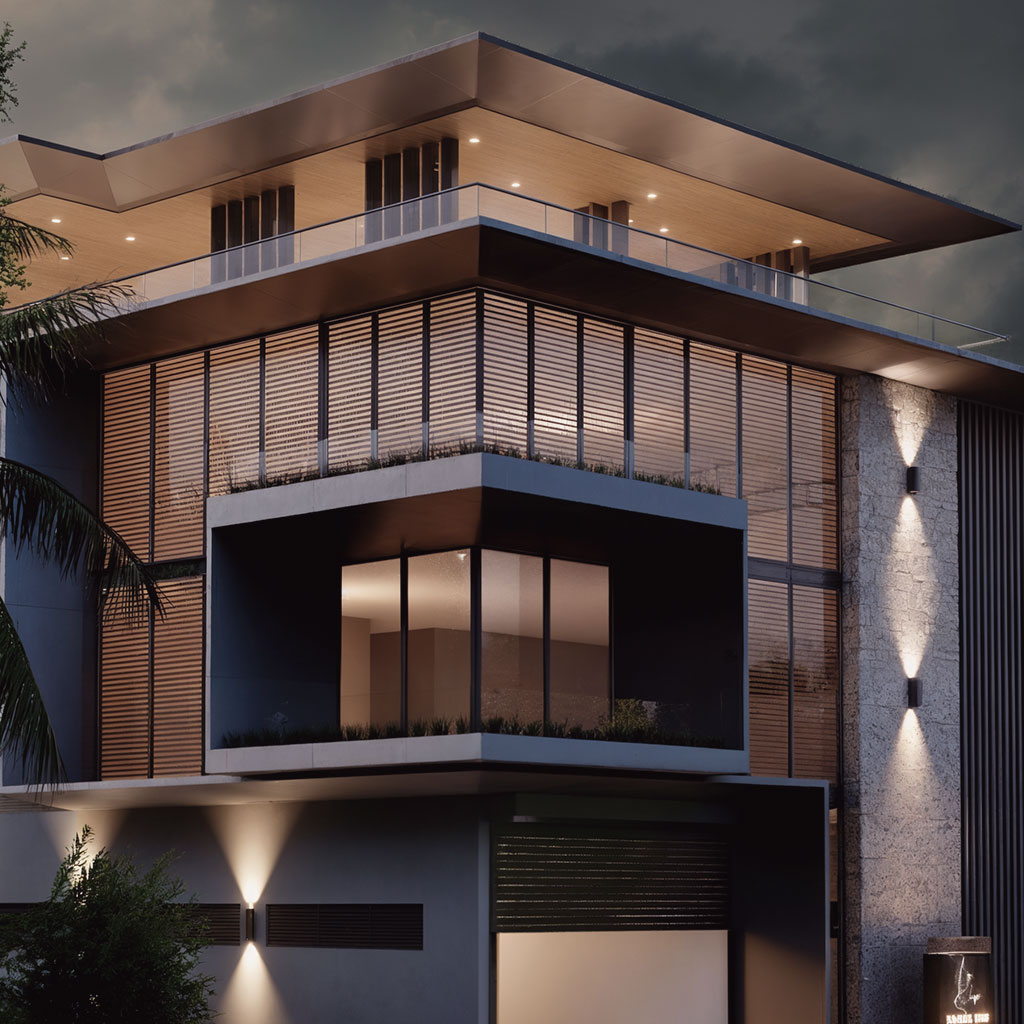Modern luxury architectural design with illuminated facade