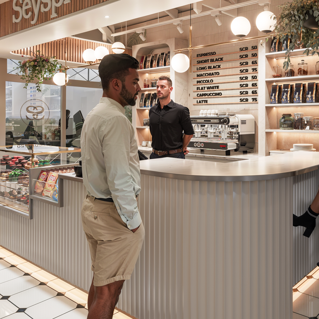 Modern café interior with service counter, menu board, and warm lighting