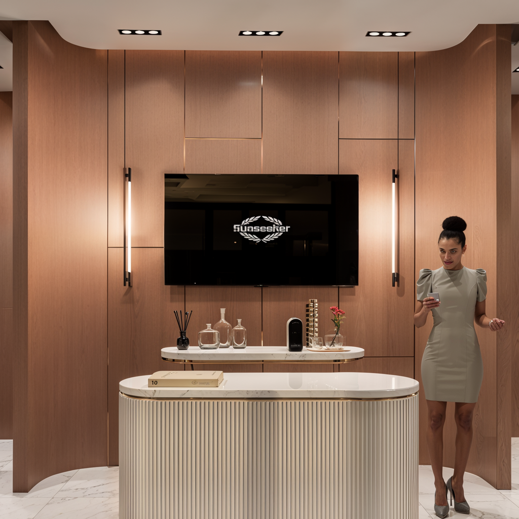 Modern luxury reception area with warm wood paneling, elegant furnishings, and professional service desk