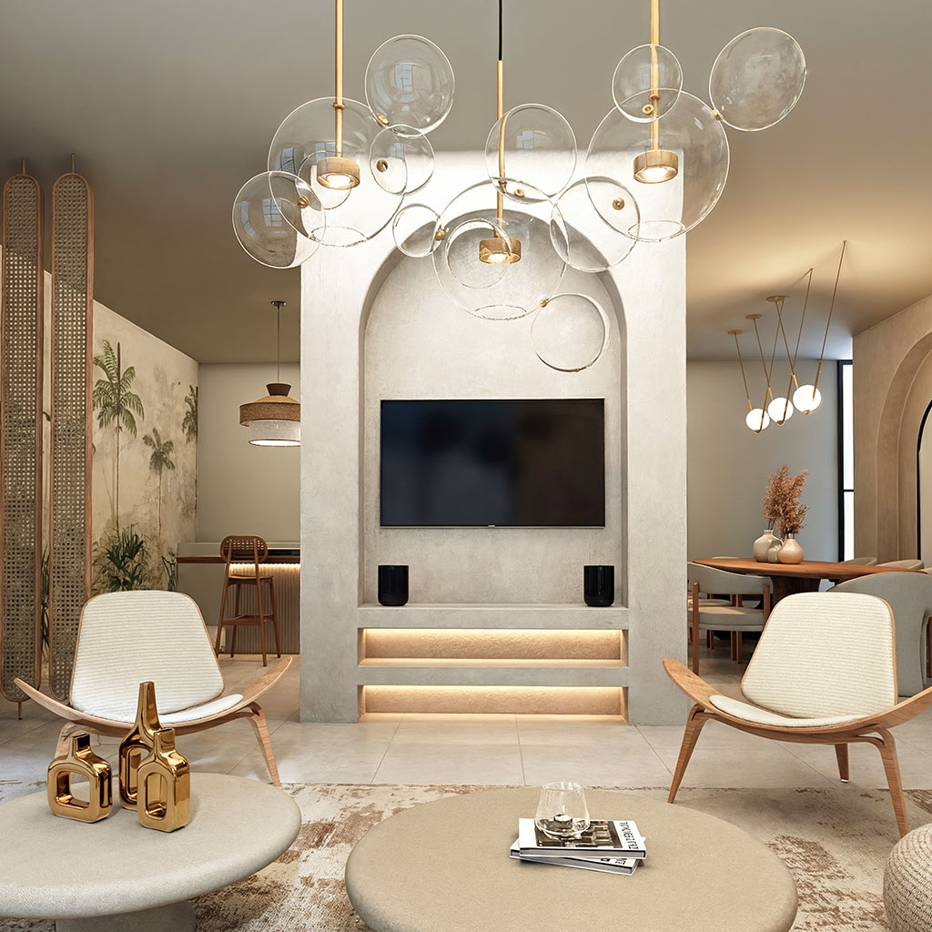 Luxury living area with modern furniture, elegant lighting, and sophisticated interior design