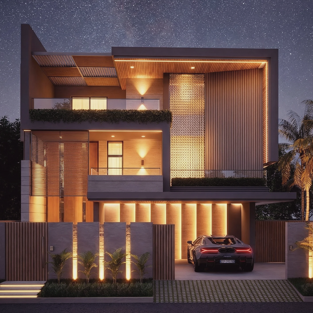 Spectacular modern luxury villa at night showcasing contemporary architecture with warm golden lighting, geometric lattice patterns, vertical wood slats, illuminated entrance, and starry night sky backdrop