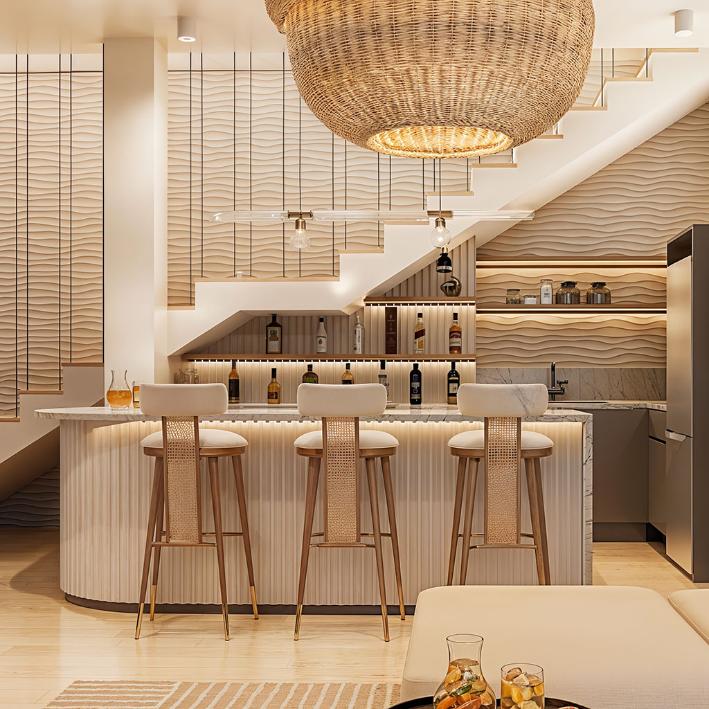 Luxury bar area with modern design, elegant lighting, sophisticated furniture, and contemporary interior styling