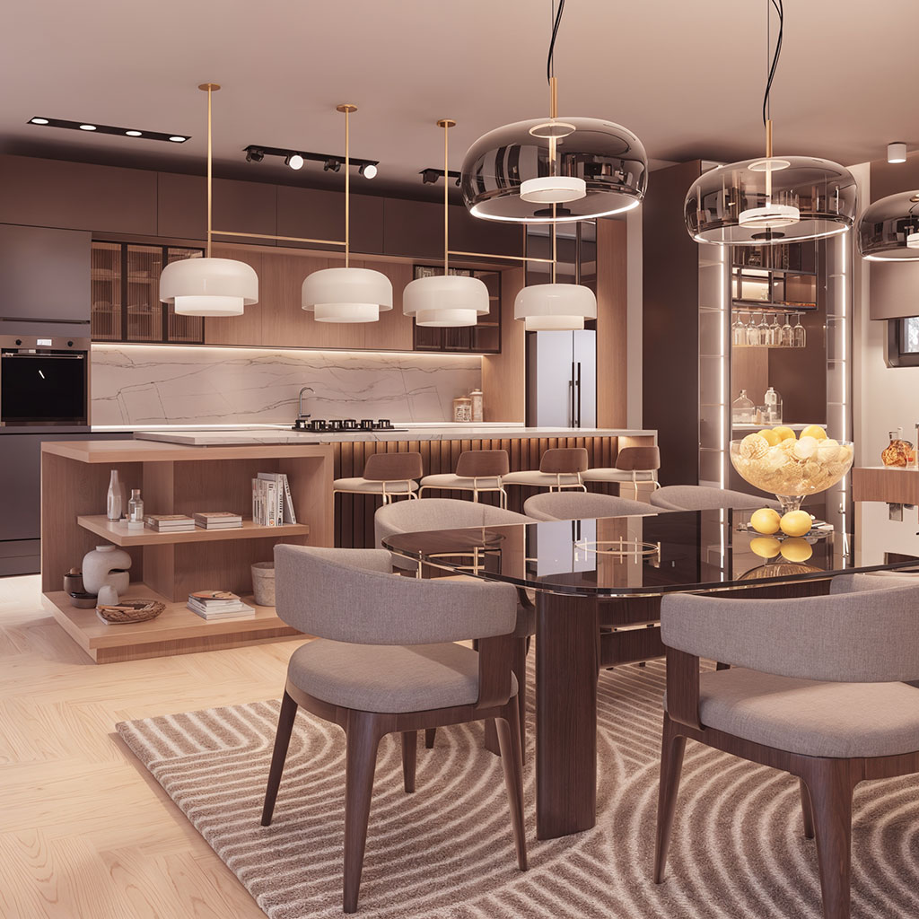 Luxury interior design featuring modern kitchen with pendant lighting, dining area with elegant furniture, and sophisticated warm color palette